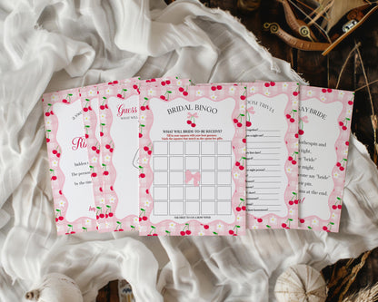 Pink Cherry Gingham Bridal Shower Games Set Template, Coquette Cherry Sweet Bridal Brunch, Pastel Engagement Party Decor WP1071