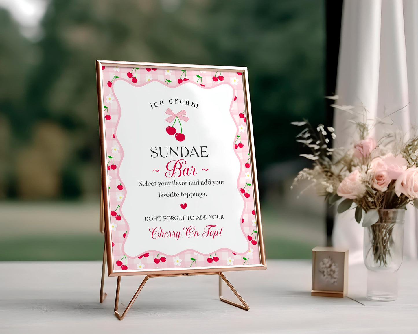Pink Cherry Gingham Milkshake & Ice Cream Sundae Bar Sign Printable Template, Coquette Sweet Cherry Baby Shower, Pastel Bridal Brunch WP1071