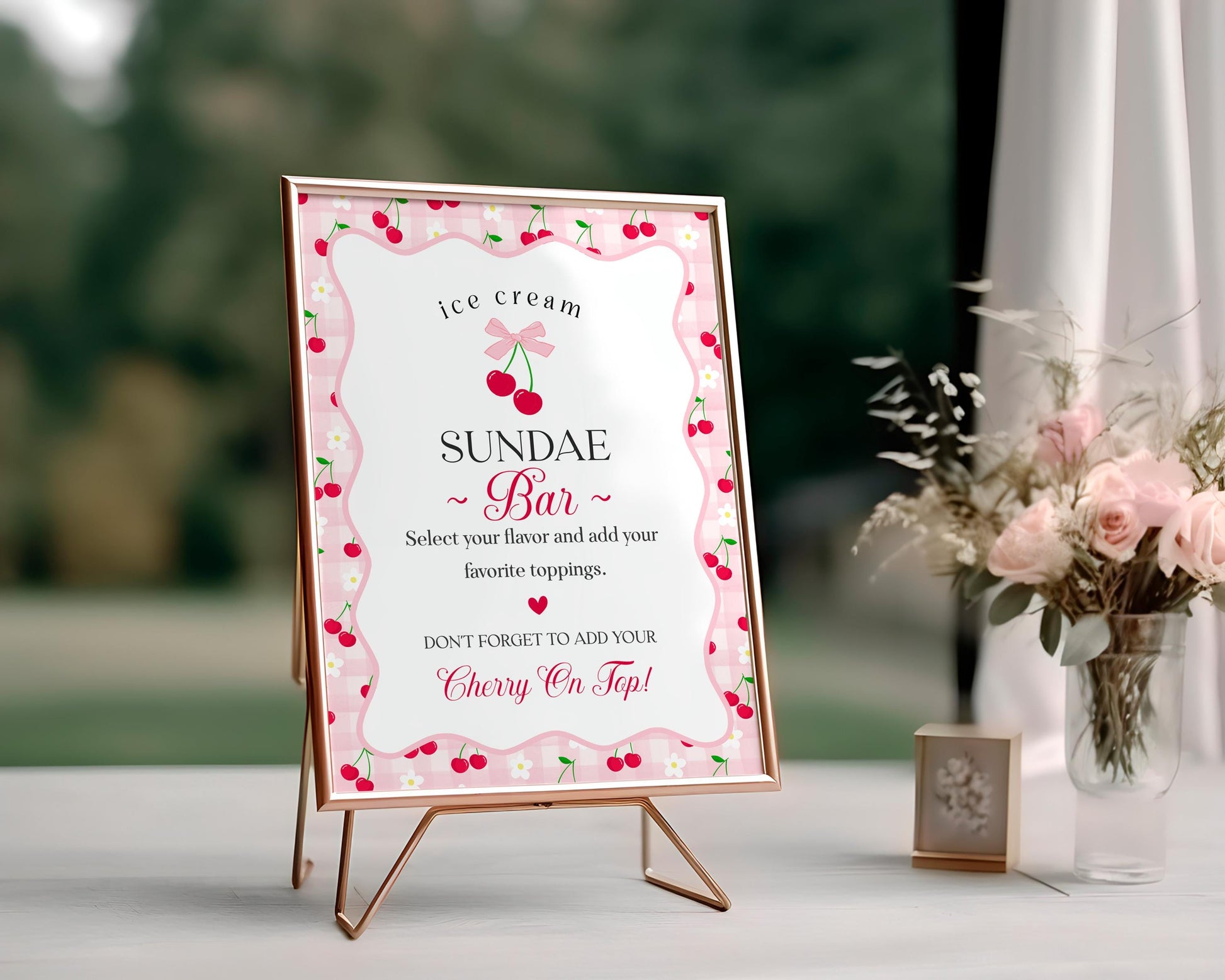 Pink Cherry Gingham Milkshake & Ice Cream Sundae Bar Sign Printable Template, Coquette Sweet Cherry Baby Shower, Pastel Bridal Brunch WP1071