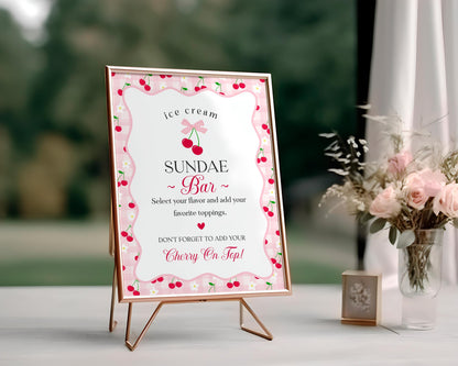 Pink Cherry Gingham Milkshake & Ice Cream Sundae Bar Sign Printable Template, Coquette Sweet Cherry Baby Shower, Pastel Bridal Brunch WP1071