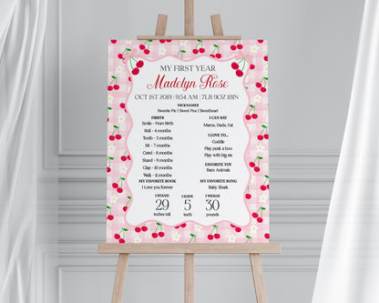 Pink Cherry Gingham First Year Milestone Sign Printable Template, Coquette Sweet Cherry First Birthday Party, Pastel Party Decor WP1071