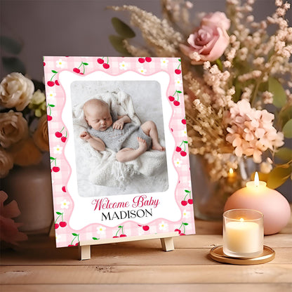 Pink Cherry Gingham 1st Birthday Milestone Banner Template, Coquette Sweet Cherry First Celebration, Pastel Gingham Party Decor WP1071