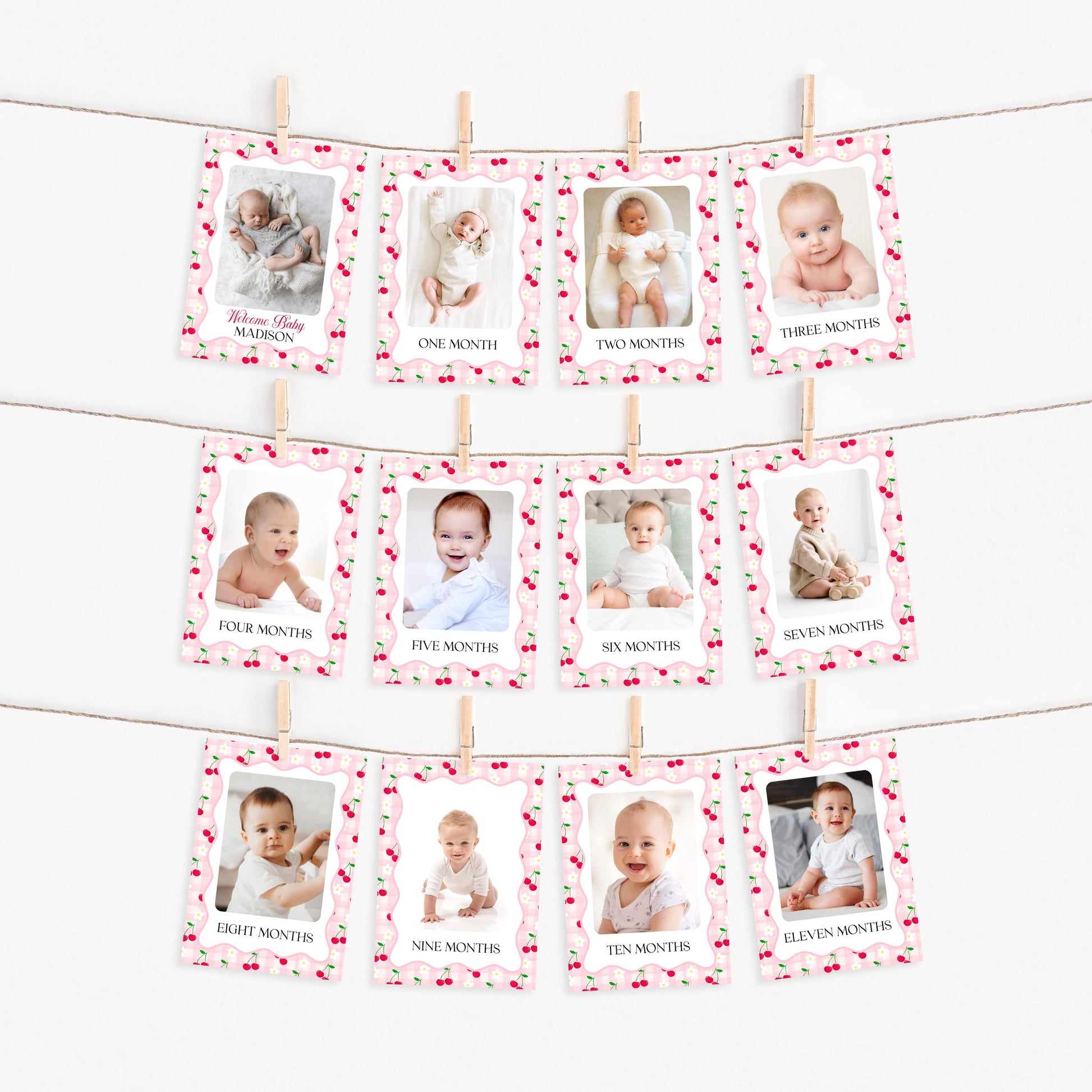 Pink Cherry Gingham 1st Birthday Milestone Banner Template, Coquette Sweet Cherry First Celebration, Pastel Gingham Party Decor WP1071