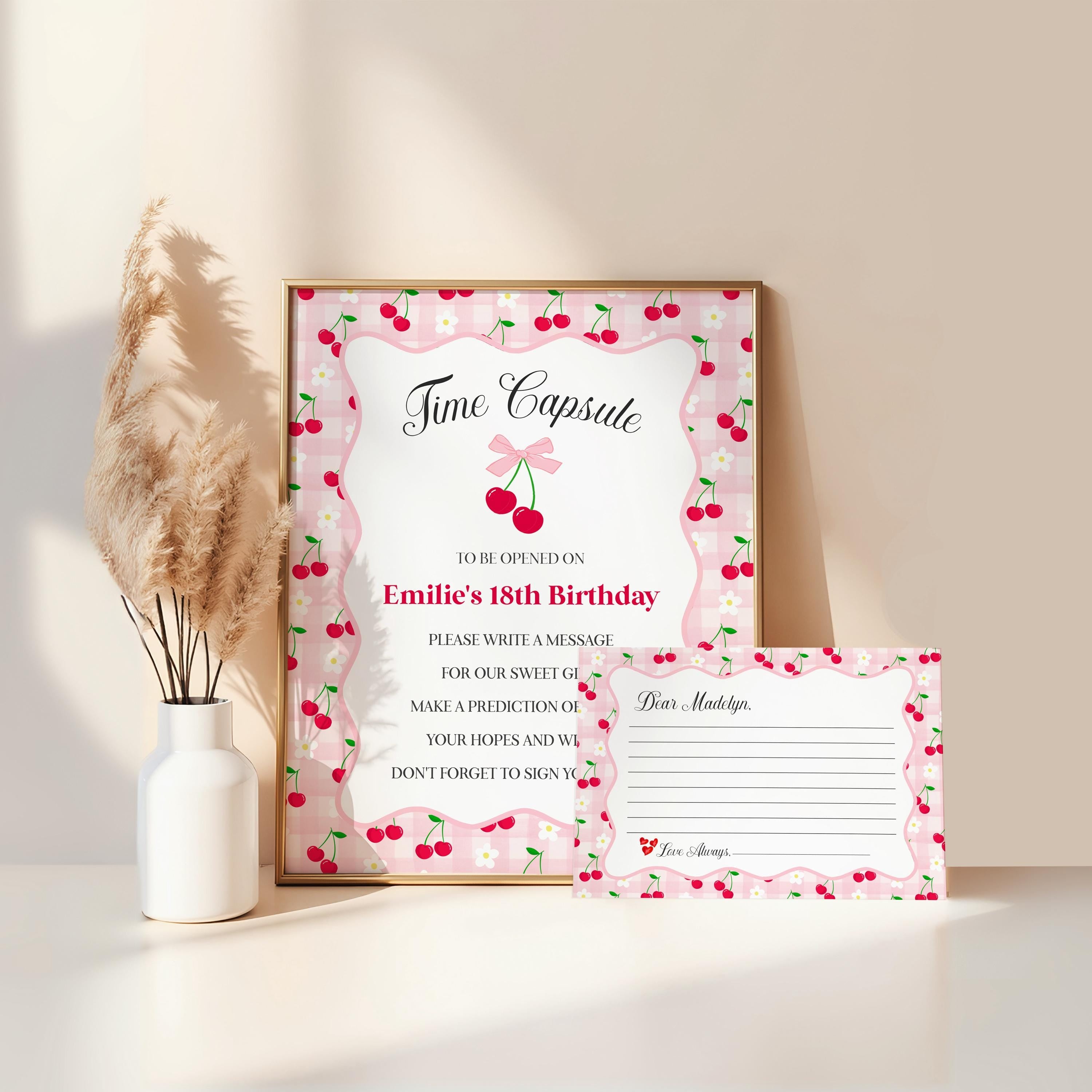Pink Cherry Gingham Time Capsule Template, Coquette Sweet Cherry First Birthday Party Celebration, Pastel Gingham Party Game WP1071