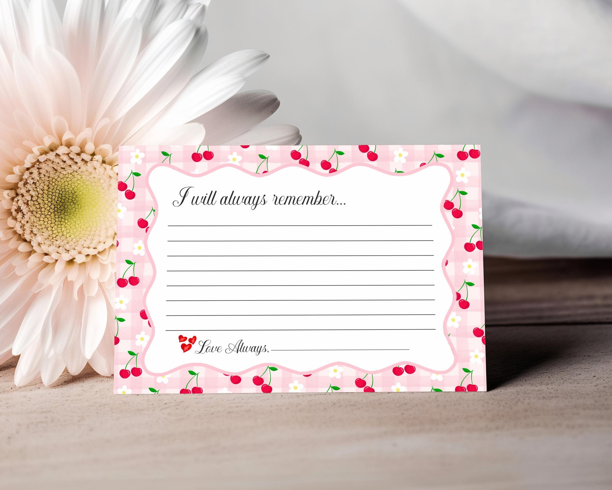 Pink Cherry Gingham Favorite Memories Birthday Girl Template, Coquette Cherry Sweet Birthday Party Game, Pastel Gingham Party Decor WP1071