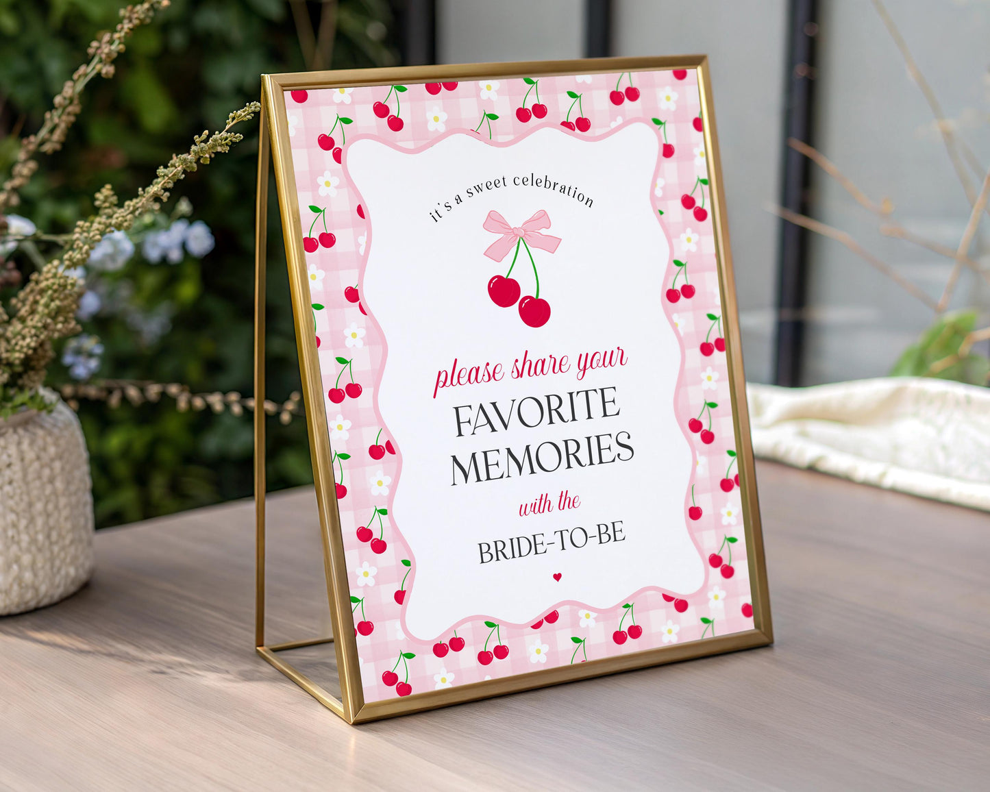 Pink Cherry Gingham Favorite Memories with the Bride Template, Coquette Cherry Sweet Bridal Shower, Pastel Gingham Bridal Brunch WP1071