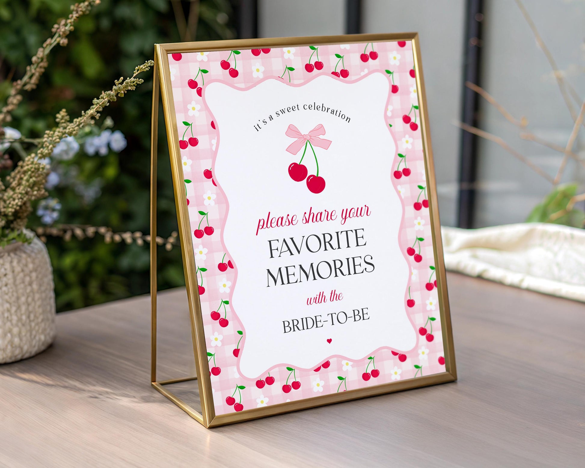 Pink Cherry Gingham Favorite Memories with the Bride Template, Coquette Cherry Sweet Bridal Shower, Pastel Gingham Bridal Brunch WP1071
