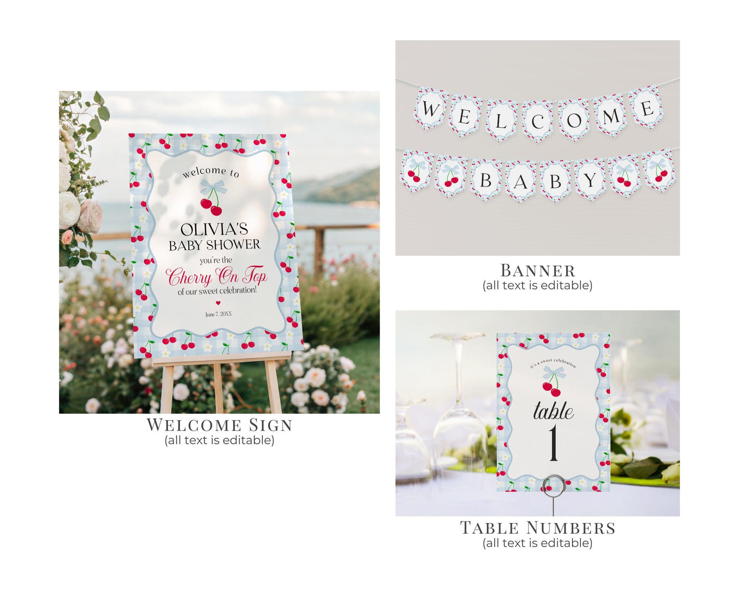 Blue Cherry Gingham Baby Shower Bundle Printable Template, Coquette Sweet Cherry on Top Baby Sprinkle, Pastel Gingham Nesting Party WP1072