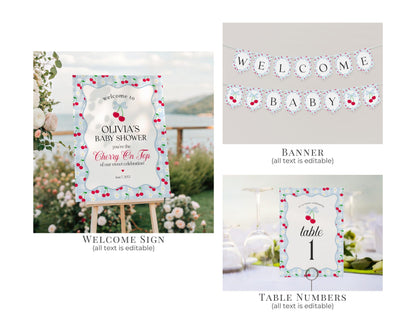 Blue Cherry Gingham Baby Shower Bundle Printable Template, Coquette Sweet Cherry on Top Baby Sprinkle, Pastel Gingham Nesting Party WP1072