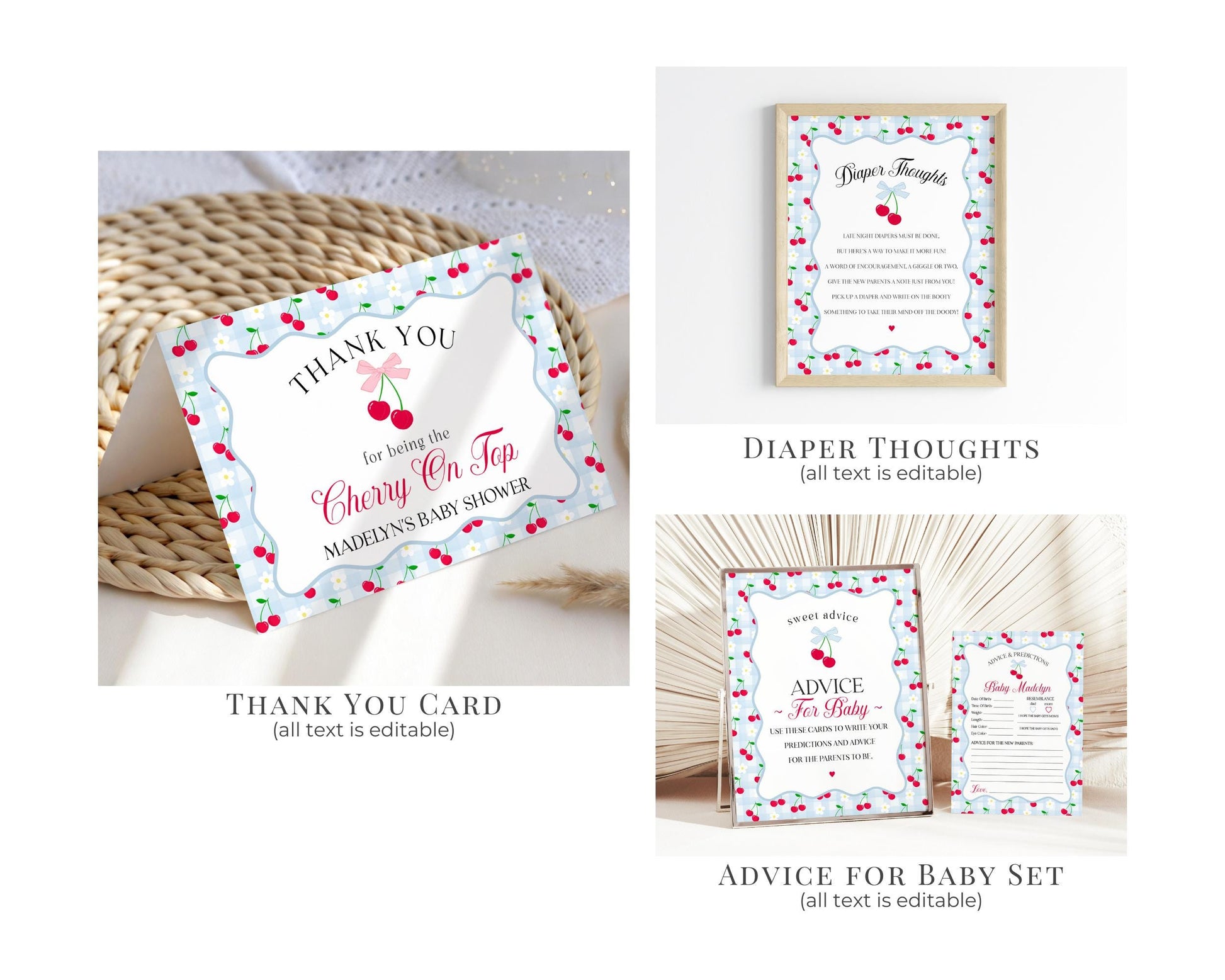 Blue Cherry Gingham Baby Shower Bundle Printable Template, Coquette Sweet Cherry on Top Baby Sprinkle, Pastel Gingham Nesting Party WP1072