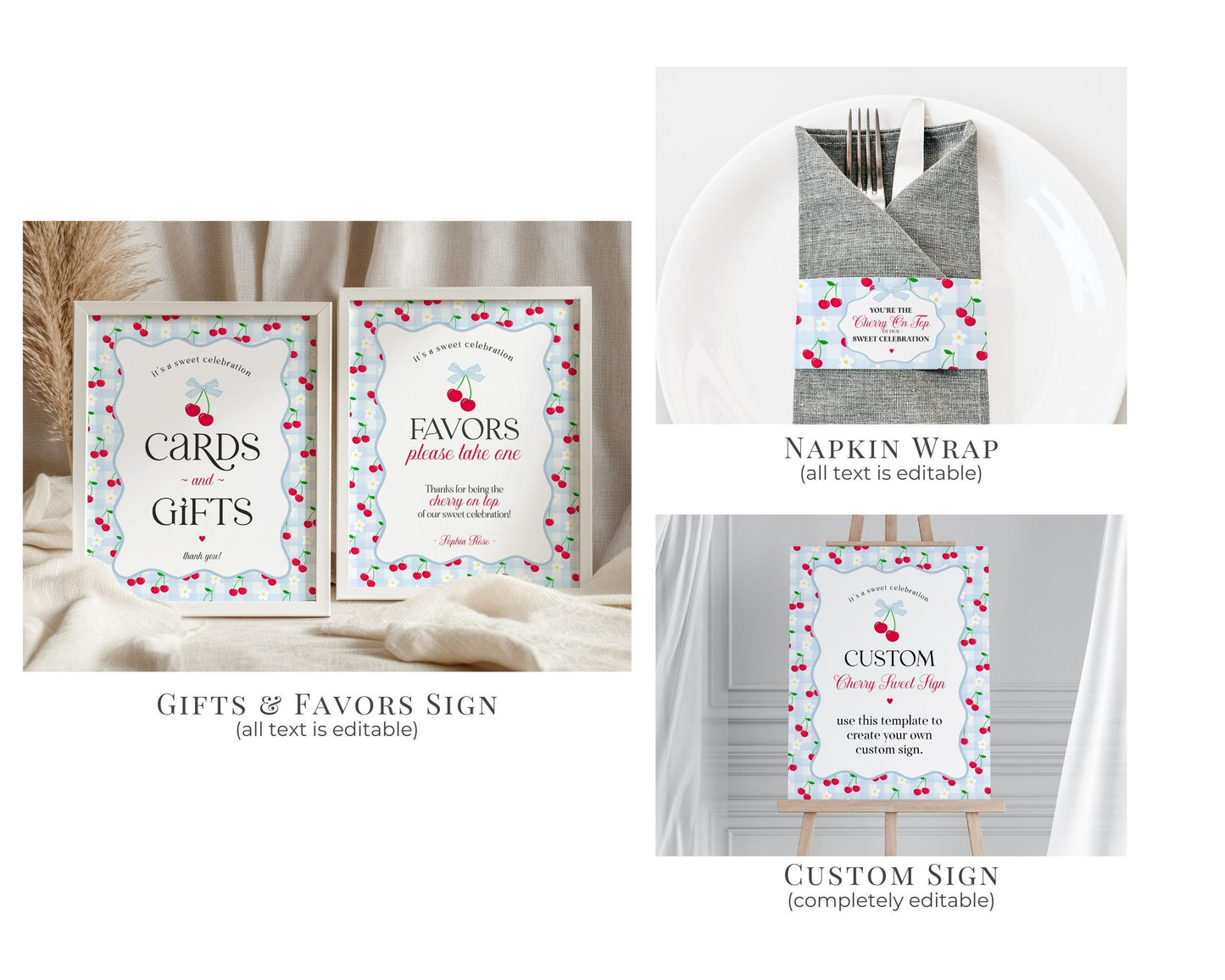 Blue Cherry Gingham Baby Shower Bundle Printable Template, Coquette Sweet Cherry on Top Baby Sprinkle, Pastel Gingham Nesting Party WP1072