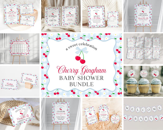 Blue Cherry Gingham Baby Shower Bundle Printable Template, Coquette Sweet Cherry on Top Baby Sprinkle, Pastel Gingham Nesting Party WP1072