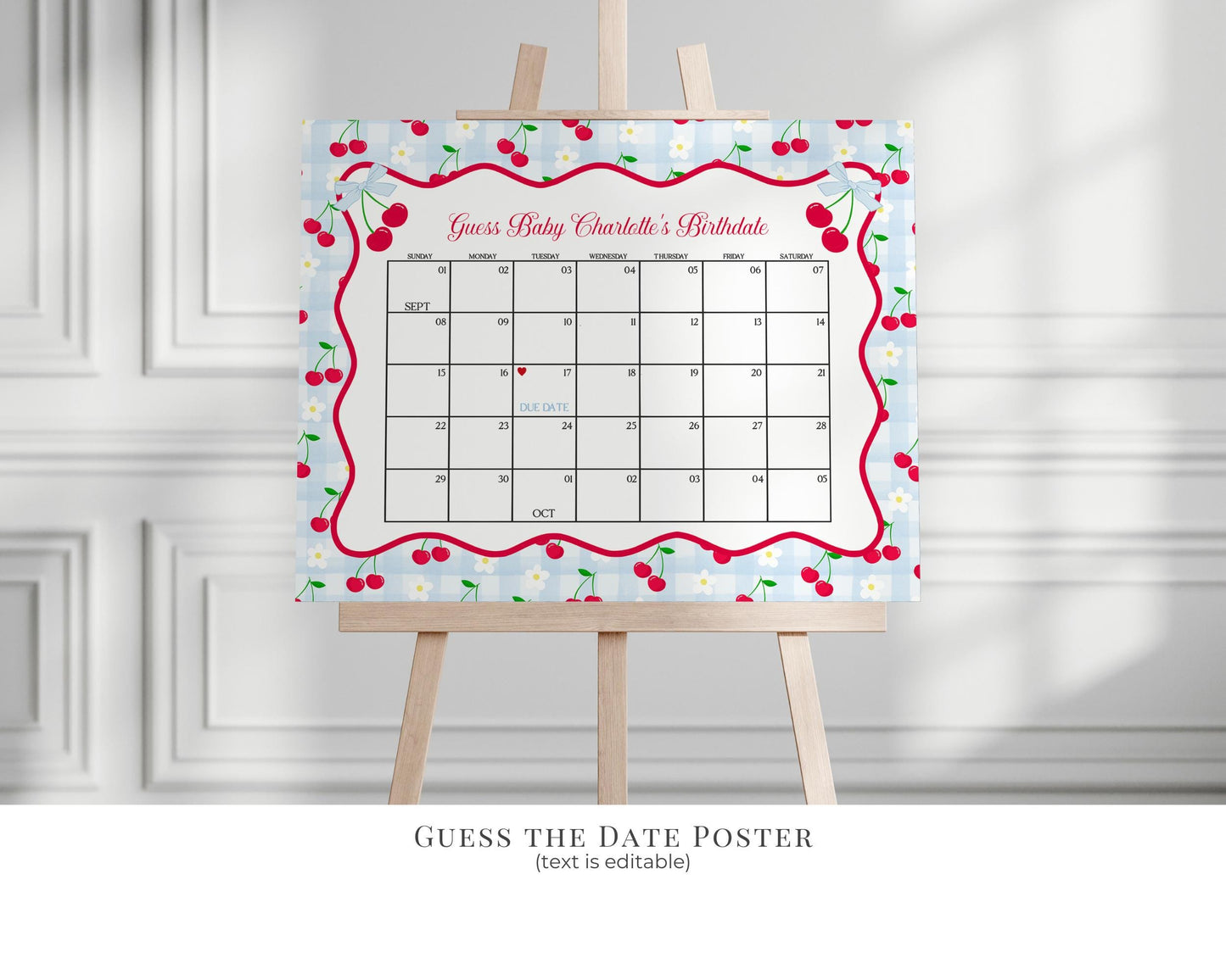 Blue Cherry Gingham Baby Shower Bundle Printable Template, Coquette Sweet Cherry on Top Baby Sprinkle, Pastel Gingham Nesting Party WP1072