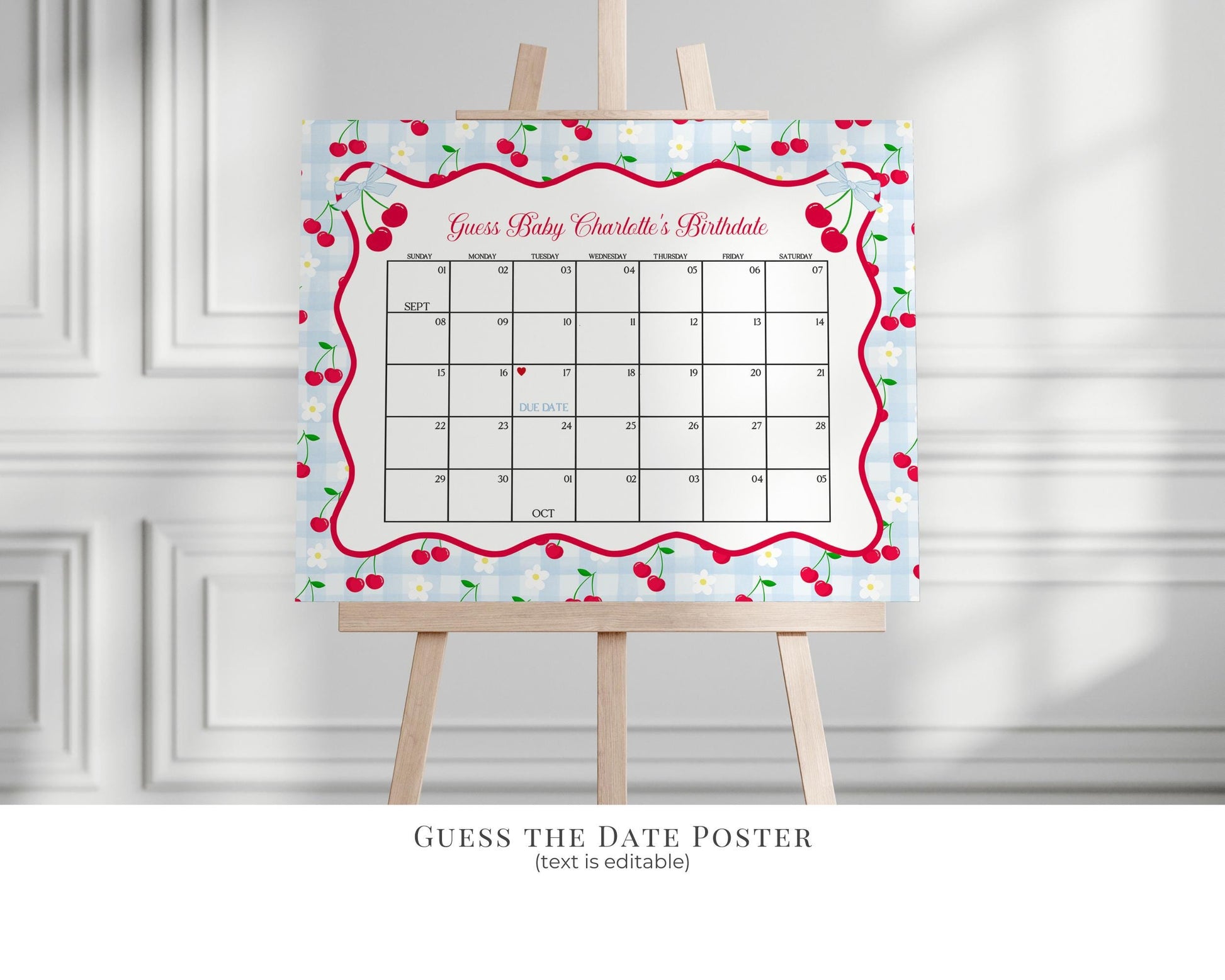 Blue Cherry Gingham Baby Shower Bundle Printable Template, Coquette Sweet Cherry on Top Baby Sprinkle, Pastel Gingham Nesting Party WP1072