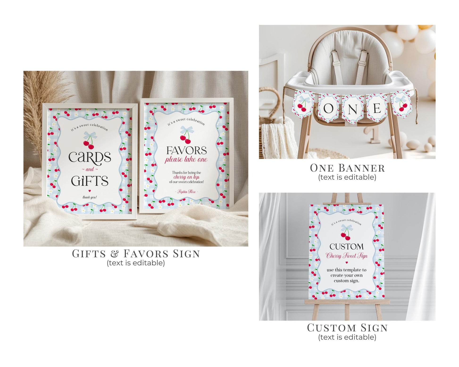 Blue Cherry Gingham First Birthday Bundle Printable Template, Coquette Sweet Cherry First Celebration, Pastel Gingham Party Decor WP1072