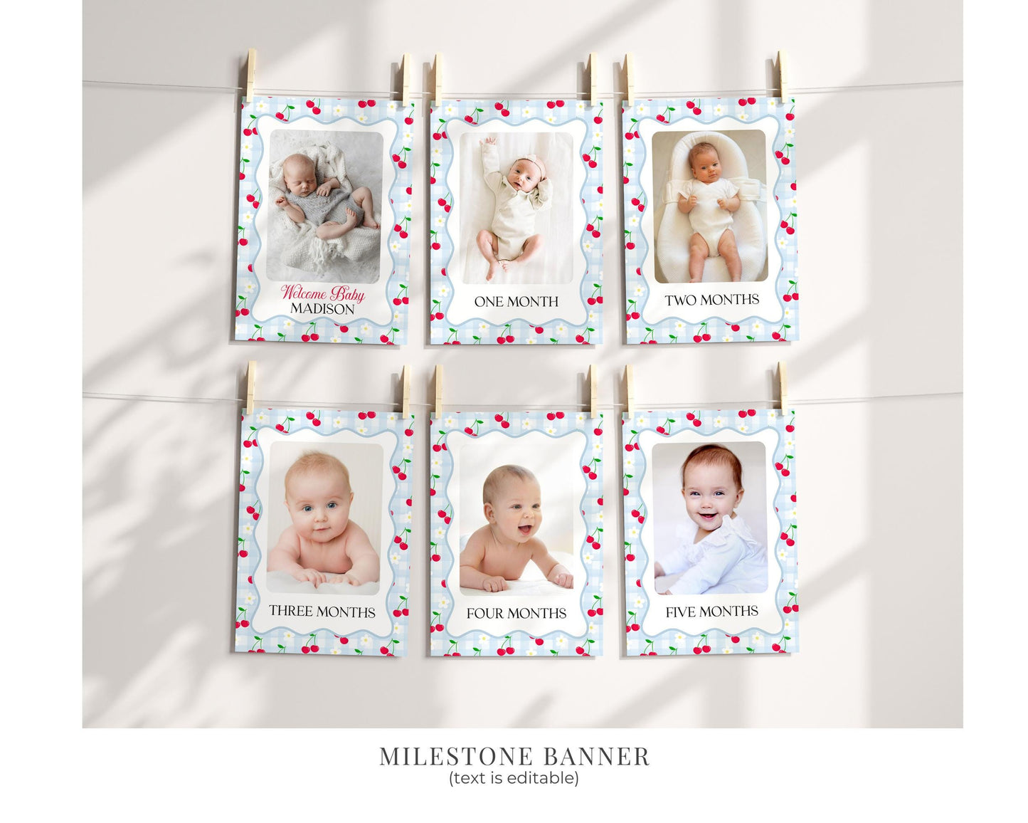 Blue Cherry Gingham First Birthday Bundle Printable Template, Coquette Sweet Cherry First Celebration, Pastel Gingham Party Decor WP1072