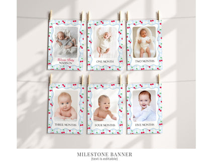 Blue Cherry Gingham First Birthday Bundle Printable Template, Coquette Sweet Cherry First Celebration, Pastel Gingham Party Decor WP1072