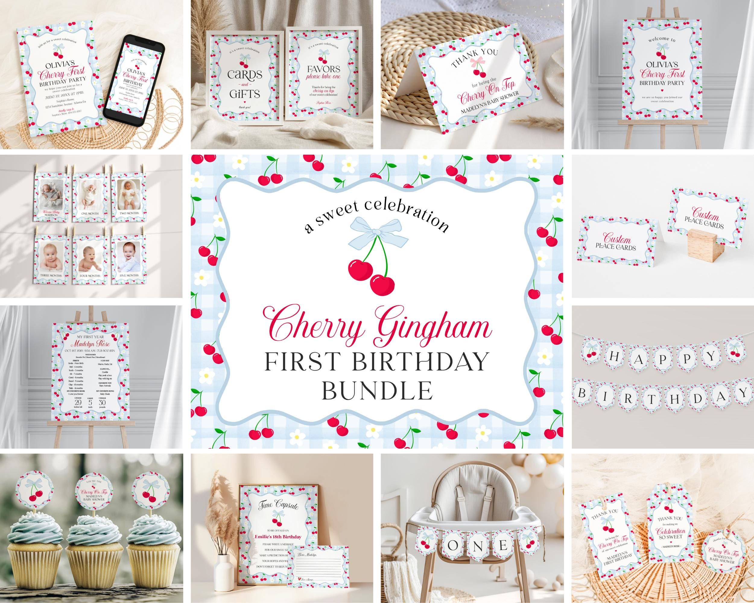 Blue Cherry Gingham First Birthday Bundle Printable Template, Coquette Sweet Cherry First Celebration, Pastel Gingham Party Decor WP1072