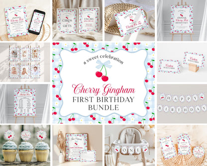 Blue Cherry Gingham First Birthday Bundle Printable Template, Coquette Sweet Cherry First Celebration, Pastel Gingham Party Decor WP1072