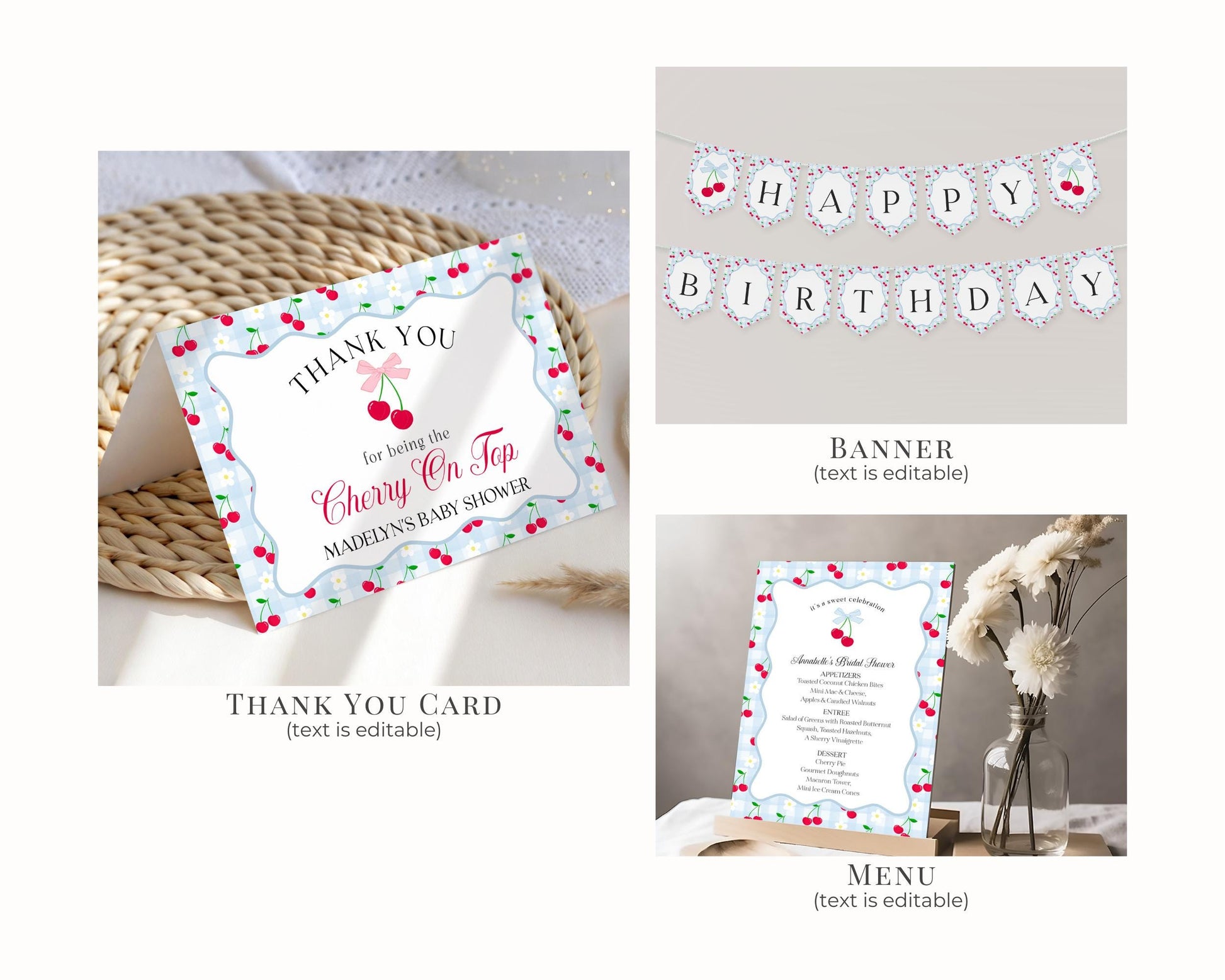 Blue Cherry Gingham Birthday Bundle Printable Template, Coquette Cherry Sweet Birthday Celebration, Pastel Gingham Party Decor WP1072