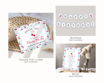 Blue Cherry Gingham Birthday Bundle Printable Template, Coquette Cherry Sweet Birthday Celebration, Pastel Gingham Party Decor WP1072