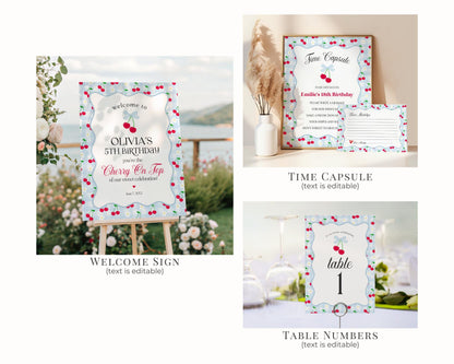 Blue Cherry Gingham Birthday Bundle Printable Template, Coquette Cherry Sweet Birthday Celebration, Pastel Gingham Party Decor WP1072