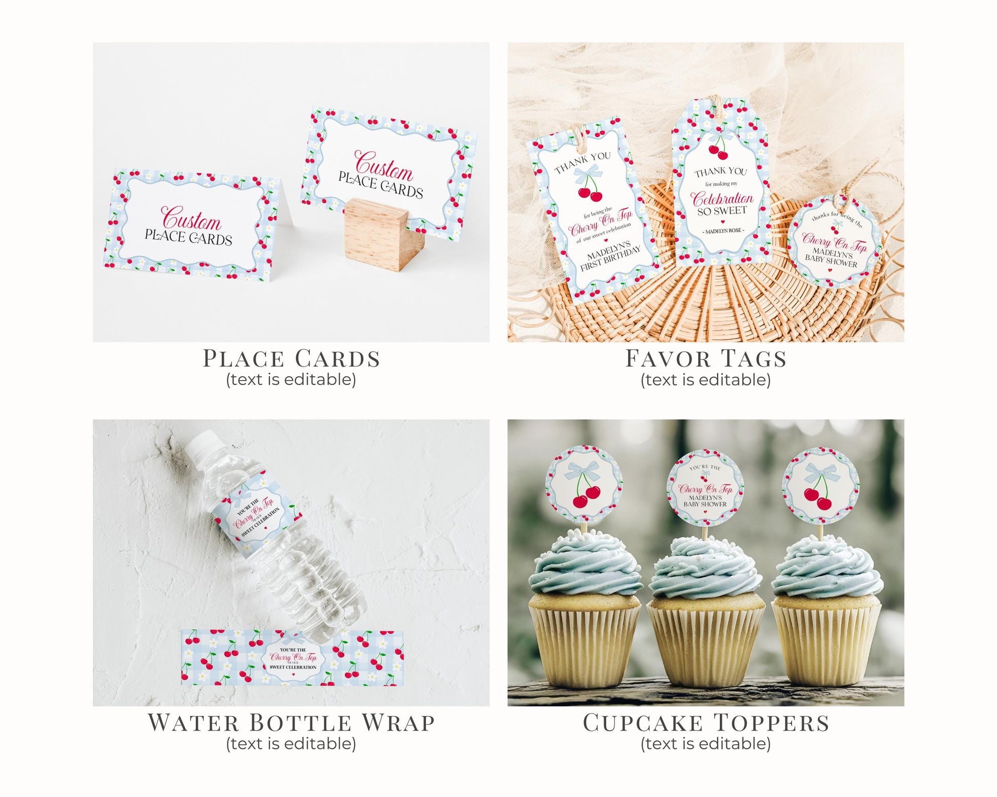 Blue Cherry Gingham Birthday Bundle Printable Template, Coquette Cherry Sweet Birthday Celebration, Pastel Gingham Party Decor WP1072