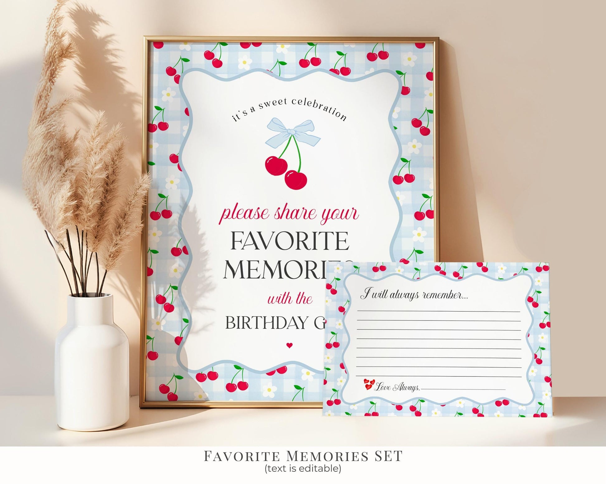 Blue Cherry Gingham Birthday Bundle Printable Template, Coquette Cherry Sweet Birthday Celebration, Pastel Gingham Party Decor WP1072
