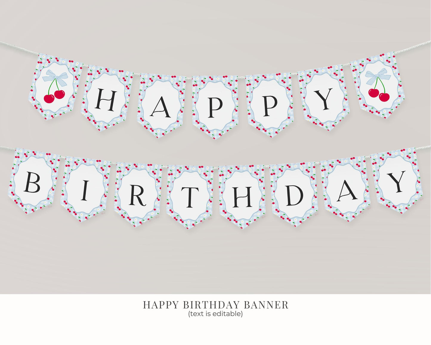 Blue Cherry Gingham Birthday Bundle Printable Template, Coquette Cherry Sweet Birthday Celebration, Pastel Gingham Party Decor WP1072