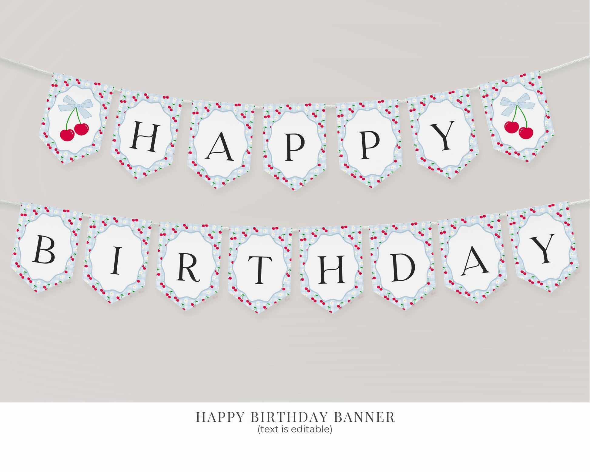 Blue Cherry Gingham Birthday Bundle Printable Template, Coquette Cherry Sweet Birthday Celebration, Pastel Gingham Party Decor WP1072