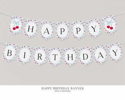 Blue Cherry Gingham Birthday Bundle Printable Template, Coquette Cherry Sweet Birthday Celebration, Pastel Gingham Party Decor WP1072