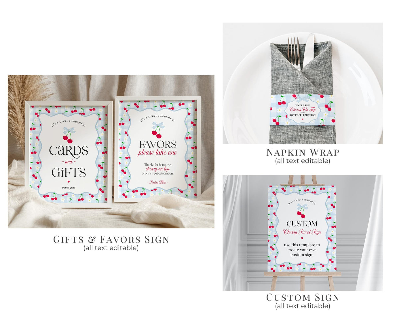 Blue Cherry Gingham Bachelorette Bundle Template, Coquette Cherry Sweet Hen Party, Pastel Gingham Engagement Girls Night Decor WP1072