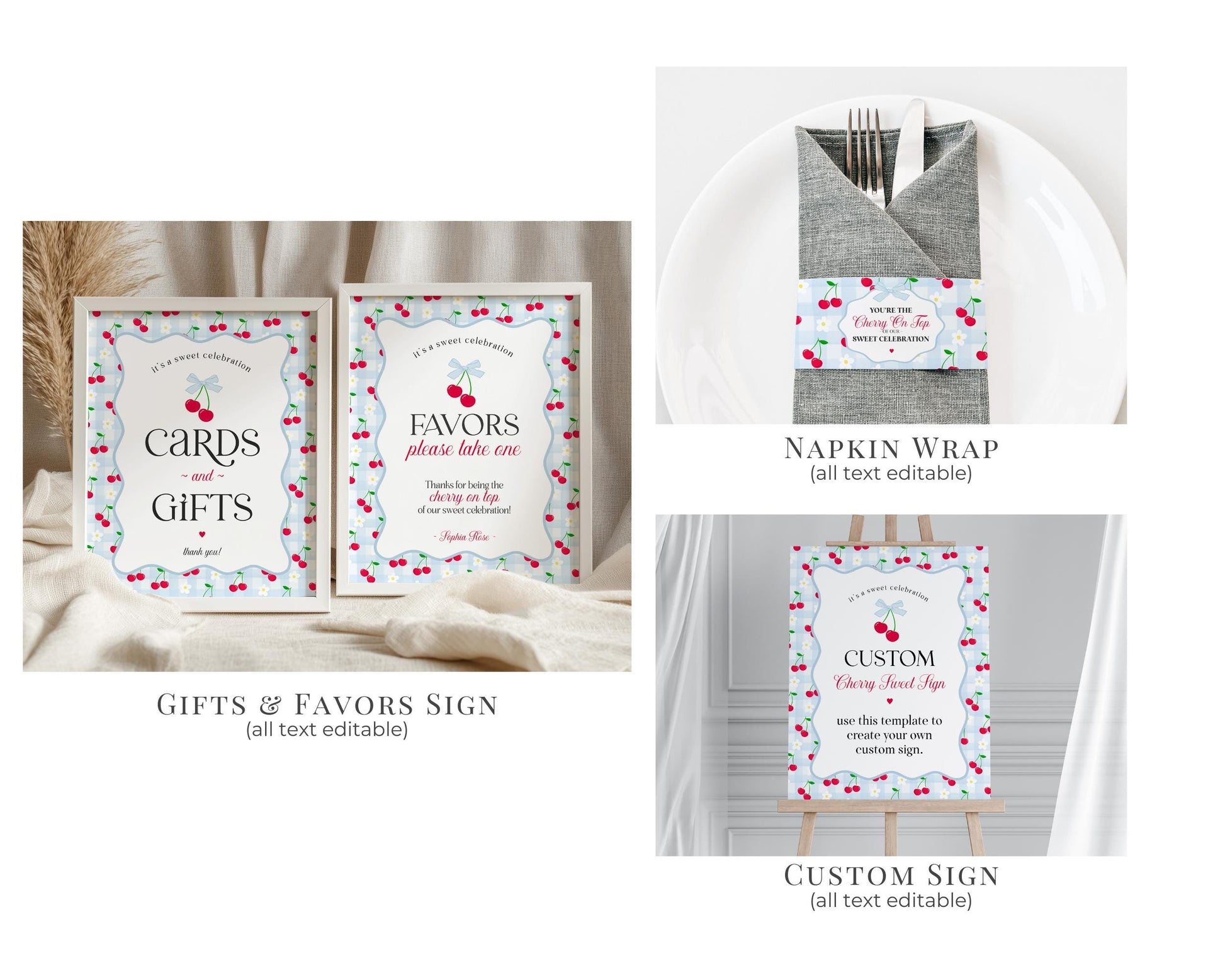 Blue Cherry Gingham Bachelorette Bundle Template, Coquette Cherry Sweet Hen Party, Pastel Gingham Engagement Girls Night Decor WP1072