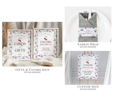 Blue Cherry Gingham Bachelorette Bundle Template, Coquette Cherry Sweet Hen Party, Pastel Gingham Engagement Girls Night Decor WP1072