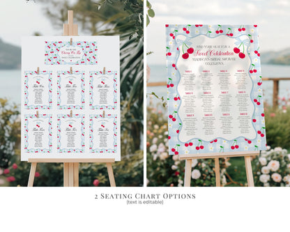 Blue Cherry Gingham Bachelorette Bundle Template, Coquette Cherry Sweet Hen Party, Pastel Gingham Engagement Girls Night Decor WP1072