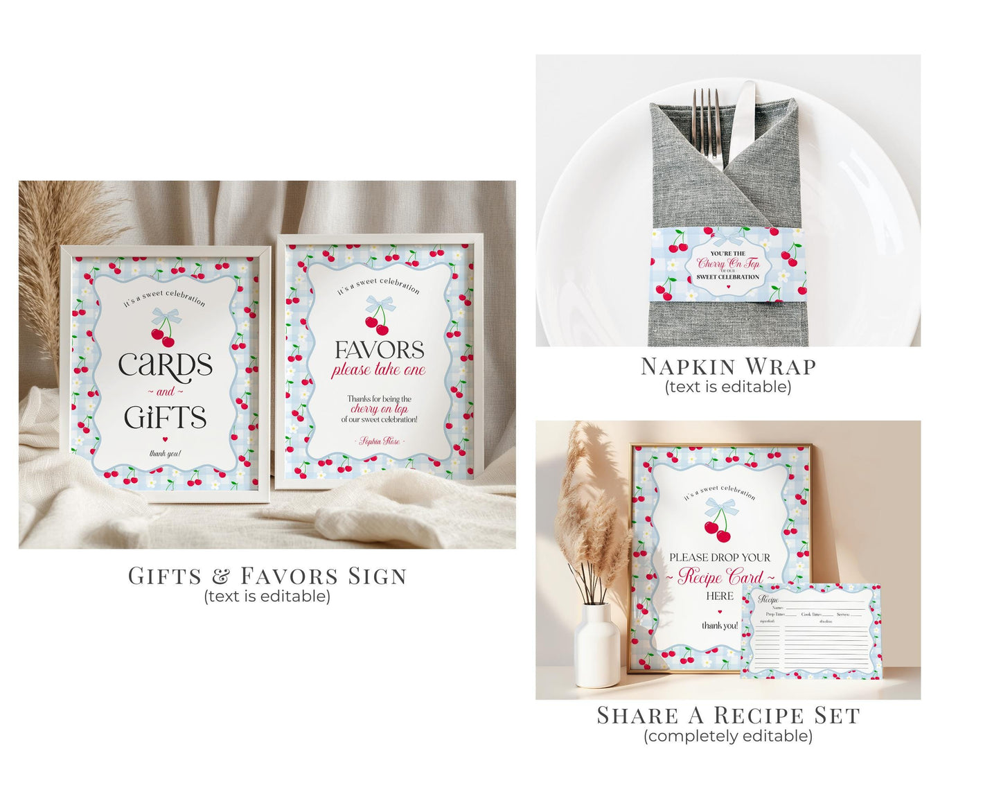 Blue Cherry Gingham Bridal Shower Bundle Printable Template, Coquette Cherry Sweet Bridal Brunch, Pastel Engagement Party Decor WP1072