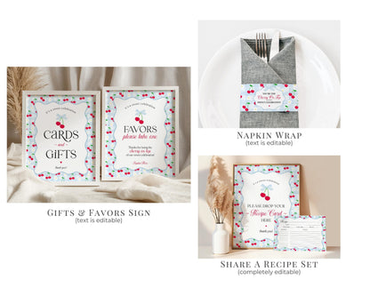 Blue Cherry Gingham Bridal Shower Bundle Printable Template, Coquette Cherry Sweet Bridal Brunch, Pastel Engagement Party Decor WP1072