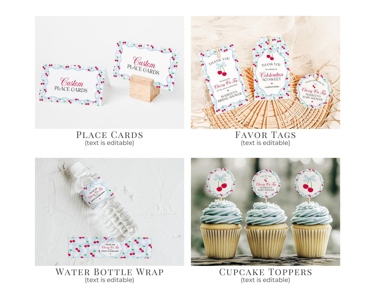 Blue Cherry Gingham Bridal Shower Bundle Printable Template, Coquette Cherry Sweet Bridal Brunch, Pastel Engagement Party Decor WP1072