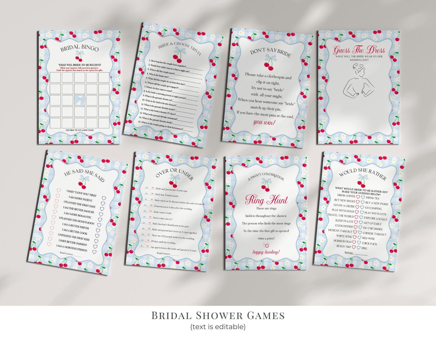 Blue Cherry Gingham Bridal Shower Bundle Printable Template, Coquette Cherry Sweet Bridal Brunch, Pastel Engagement Party Decor WP1072