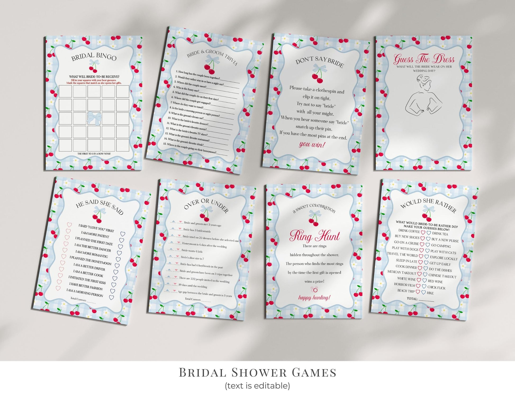 Blue Cherry Gingham Bridal Shower Bundle Printable Template, Coquette Cherry Sweet Bridal Brunch, Pastel Engagement Party Decor WP1072