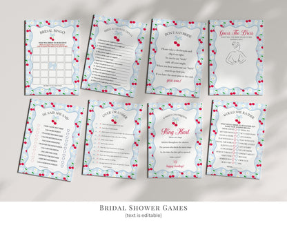 Blue Cherry Gingham Bridal Shower Bundle Printable Template, Coquette Cherry Sweet Bridal Brunch, Pastel Engagement Party Decor WP1072