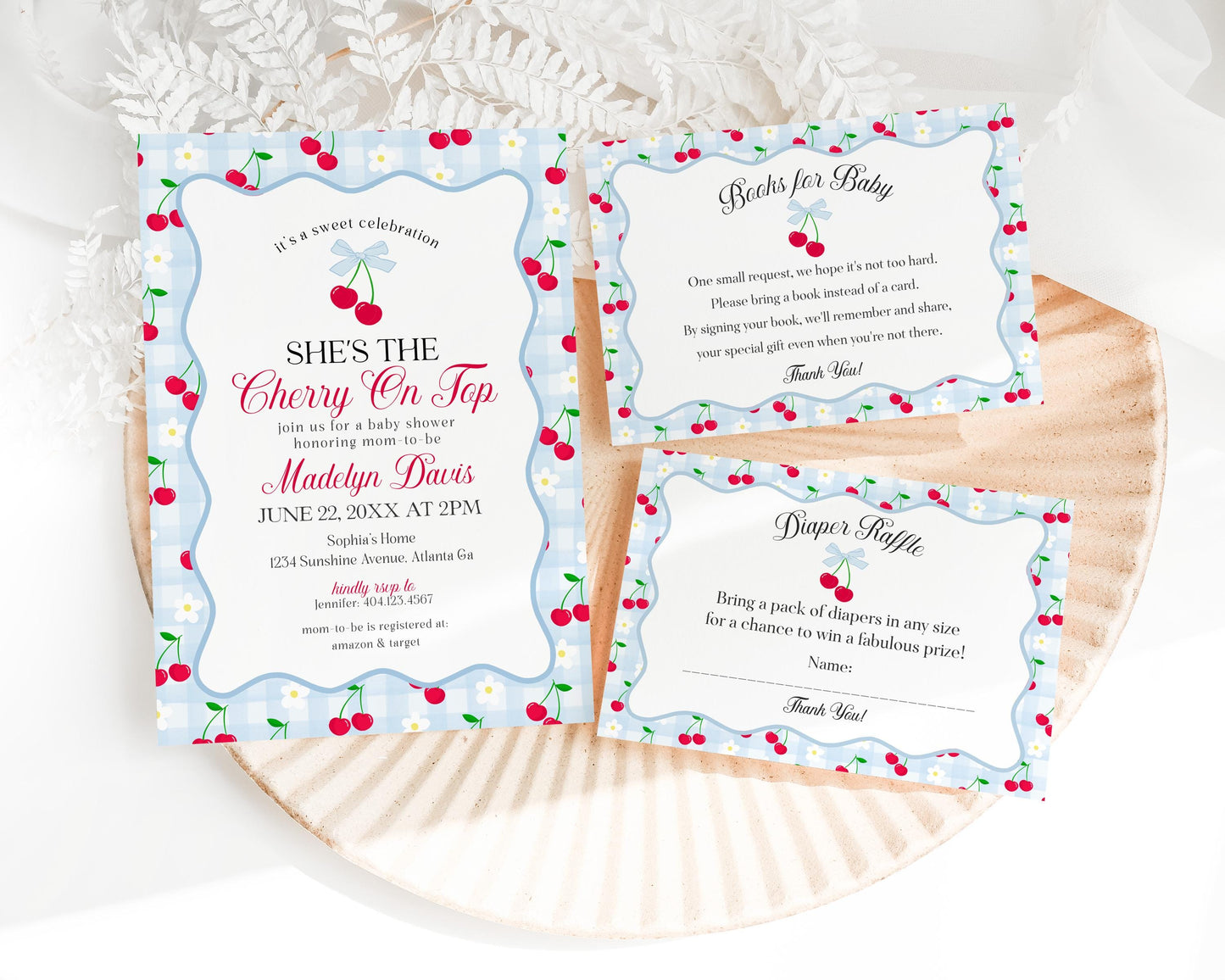 Blue Cherry Gingham Baby Shower Invitation Printable Template, Coquette Sweet Cherry on Top Baby Sprinkle, Pastel Nesting Party Decor WP1072