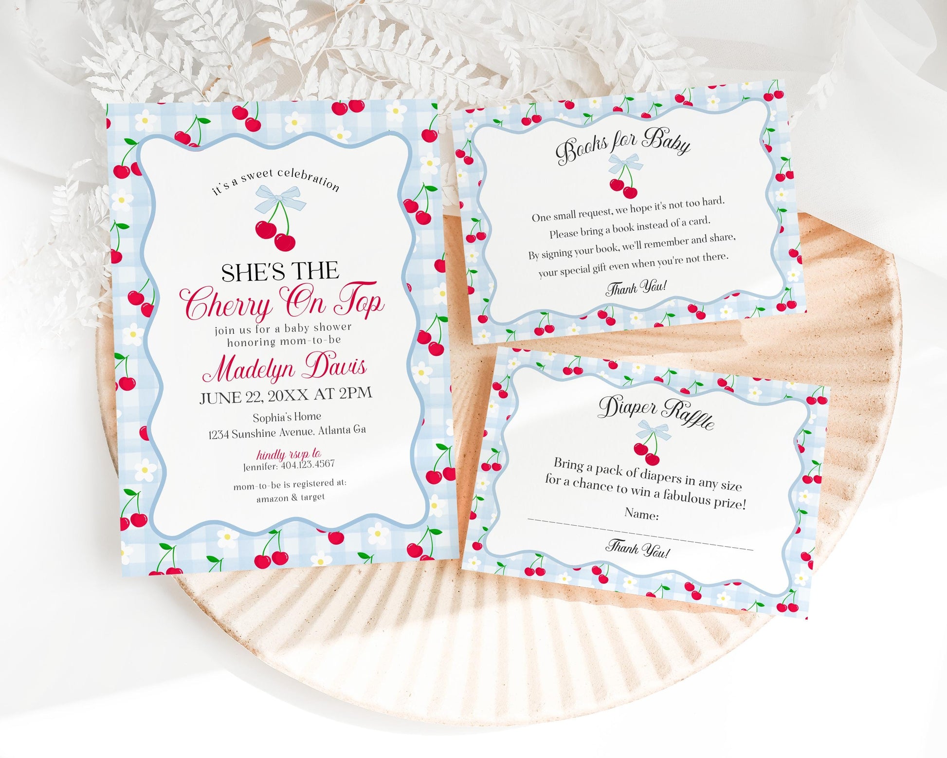 Blue Cherry Gingham Baby Shower Invitation Printable Template, Coquette Sweet Cherry on Top Baby Sprinkle, Pastel Nesting Party Decor WP1072