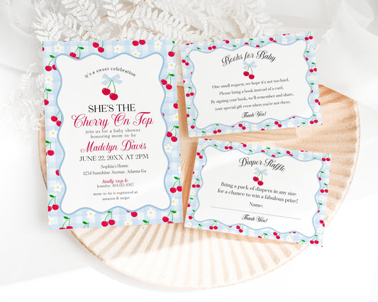 Blue Cherry Gingham Baby Shower Invitation Printable Template, Coquette Sweet Cherry on Top Baby Sprinkle, Pastel Nesting Party Decor WP1072