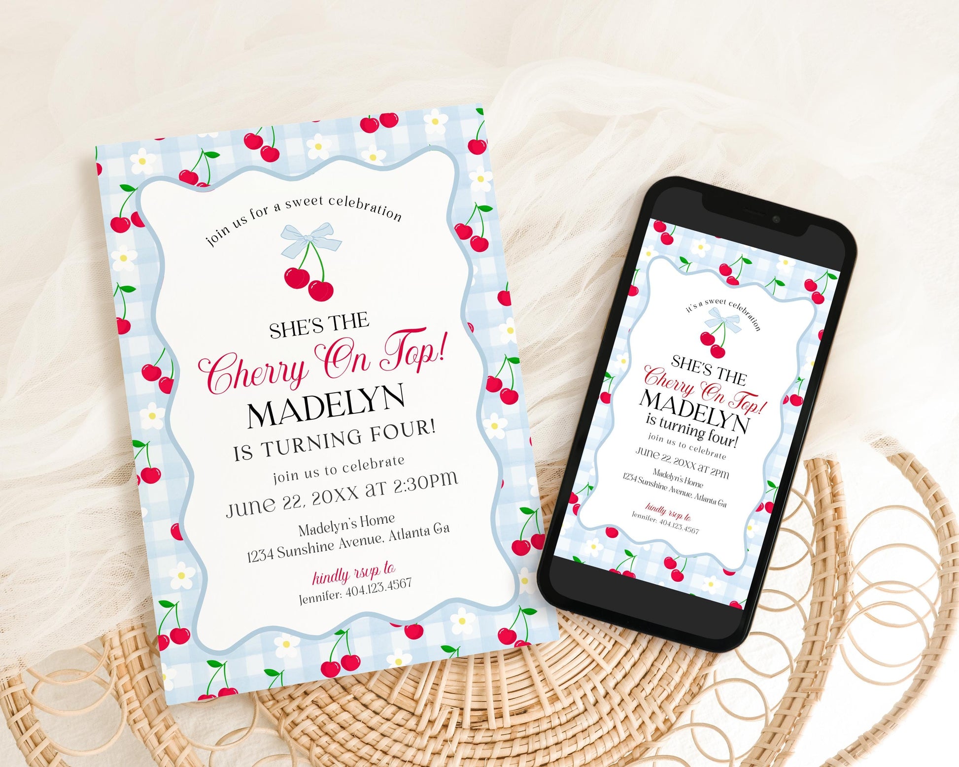 Blue Cherry Gingham Birthday Invite Printable Template, Coquette Sweet Cherry Bday Celebration, Pastel Gingham Party Decor WP1072