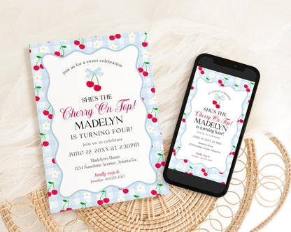 Blue Cherry Gingham Birthday Invite Printable Template, Coquette Sweet Cherry Bday Celebration, Pastel Gingham Party Decor WP1072
