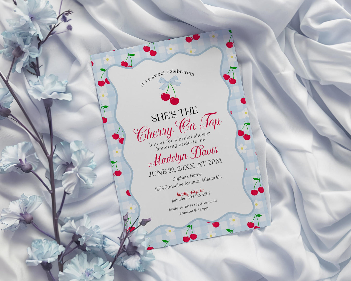 Blue Cherry Gingham Bridal Shower Invitation Printable Template, Coquette Cherry Sweet Bridal Brunch, Pastel Engagement Party Decor WP1072