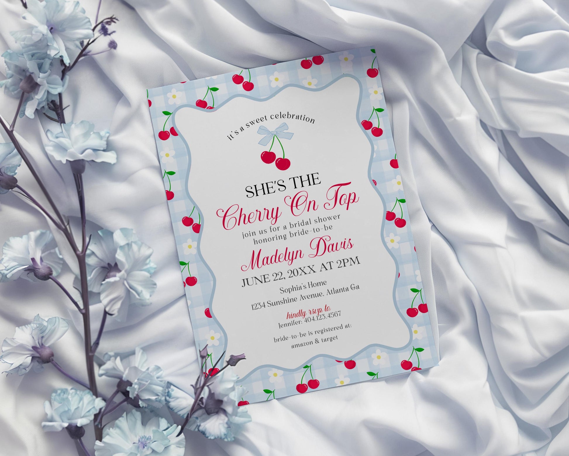 Blue Cherry Gingham Bridal Shower Invitation Printable Template, Coquette Cherry Sweet Bridal Brunch, Pastel Engagement Party Decor WP1072