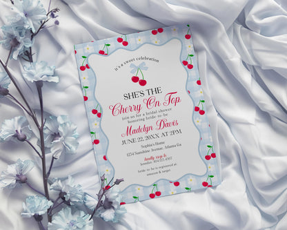 Blue Cherry Gingham Bridal Shower Invitation Printable Template, Coquette Cherry Sweet Bridal Brunch, Pastel Engagement Party Decor WP1072