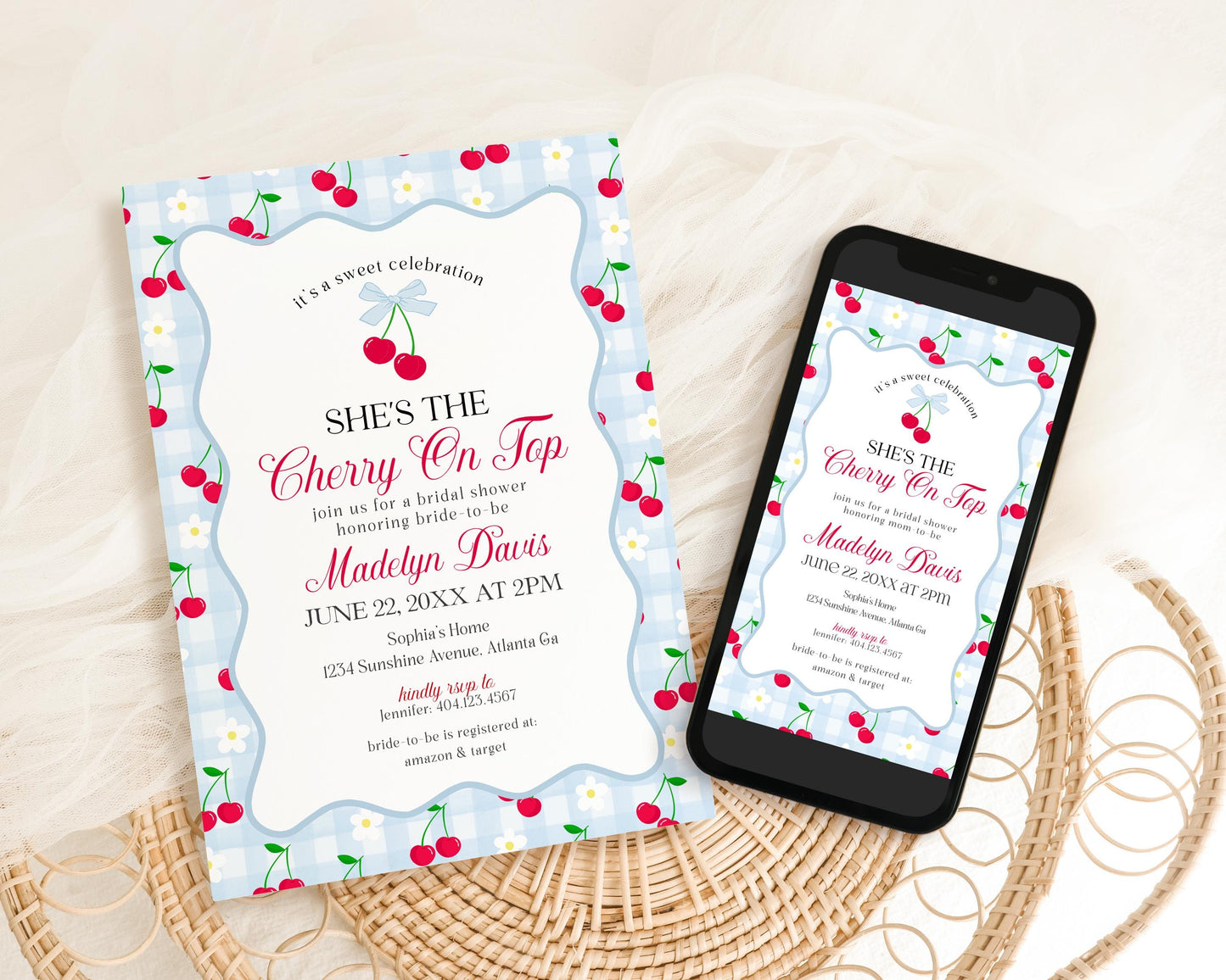 Blue Cherry Gingham Bridal Shower Invitation Printable Template, Coquette Cherry Sweet Bridal Brunch, Pastel Engagement Party Decor WP1072